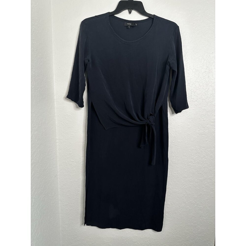 Theory Navy B Dorotea Ranmire Women Draped Tie Midi Silk Dress 3/4 sleeve Sz 2